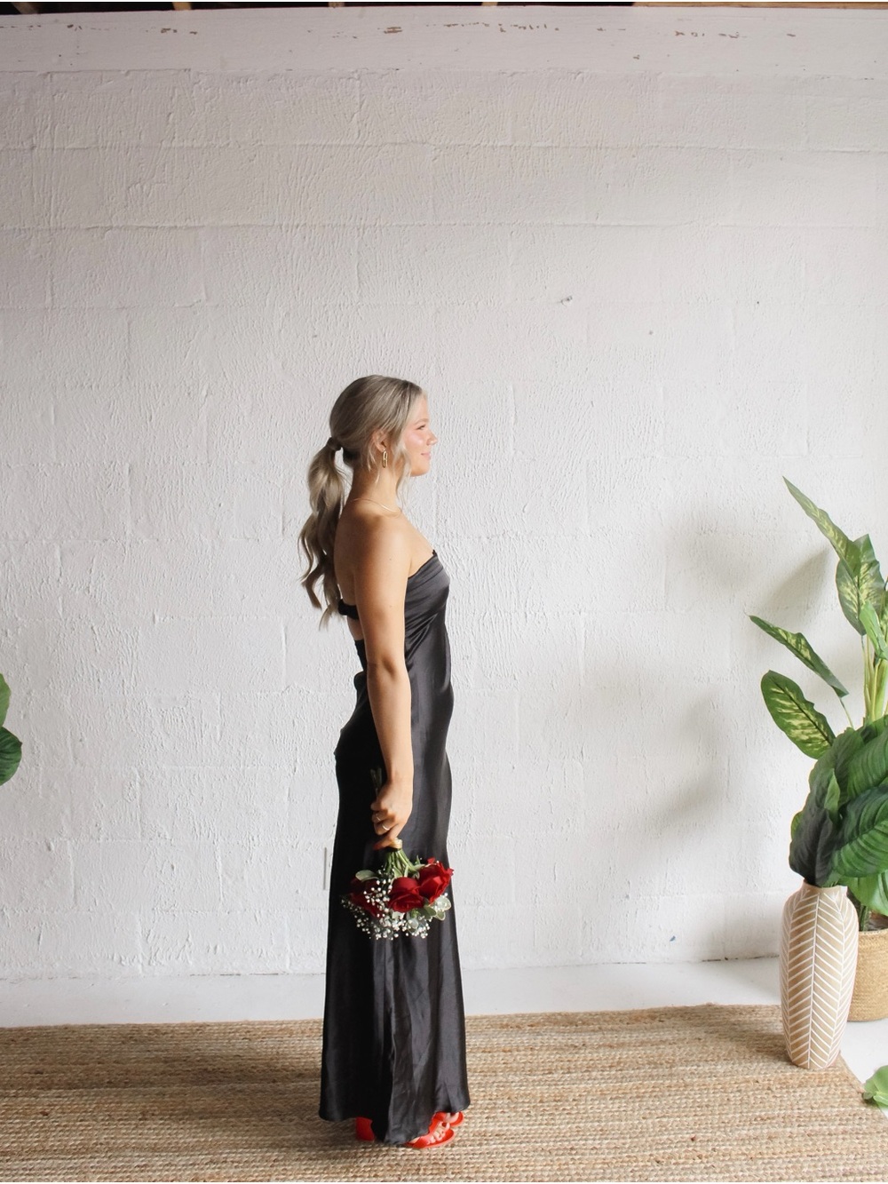 Black Strapless Satin Evening Gown